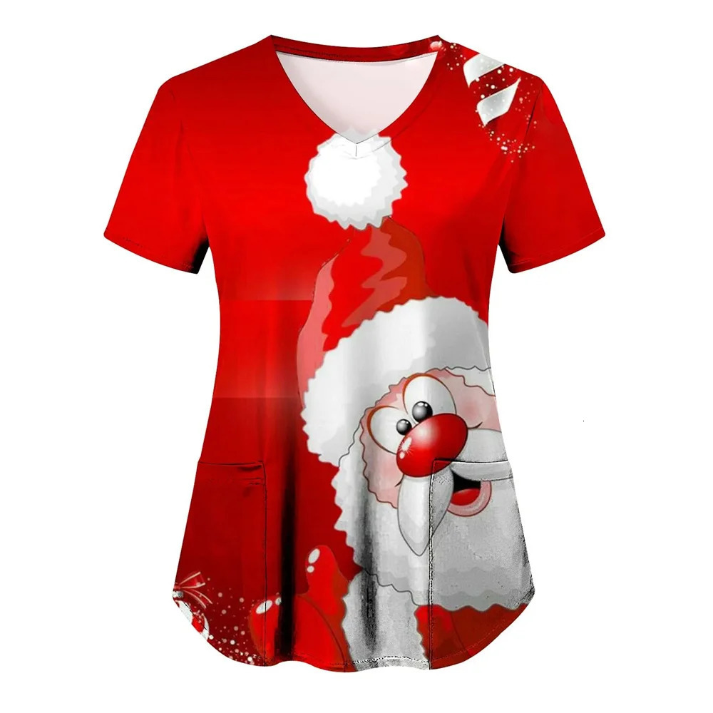 Women Christmas Nursing Scrubs Tops Working Uniform Blouse Short Sleeve Vneck tee Blusas Clothes Nurses Tunic 241025