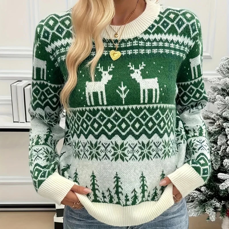 Women Jacquard Christmas Sweater Winter Clothes Loose Long Sleeve ONeck Knitted Sweaters Lady Pullover Green Sweter Streetwear 241025