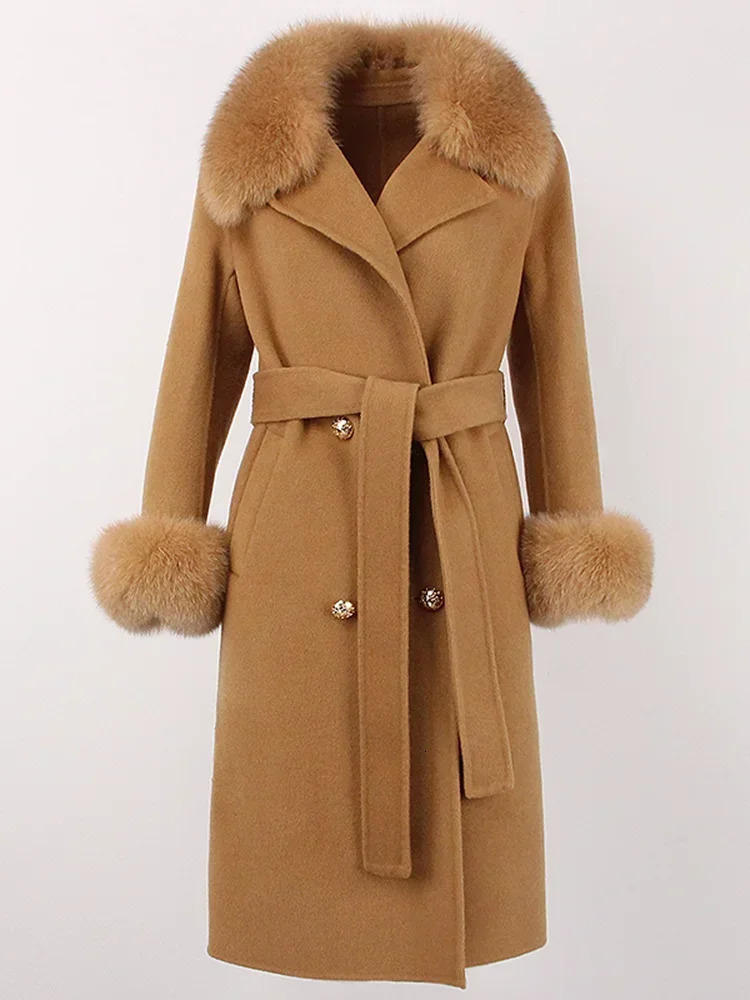 2024 Winter Jacket Women Long Natural Wool Blends Cashmere Real Fur Coat Double Breasted Belt Warm Streetwear Fashion 241025