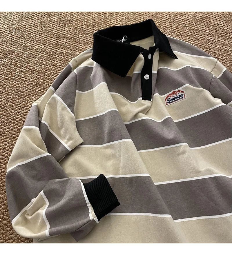 Japan Retro Striped Longsleeved POLO Shirt Top Men Women Loose Trend Couple BF Lapel Sweatshirt Preppy Hip Hop Cool Shirts 241025