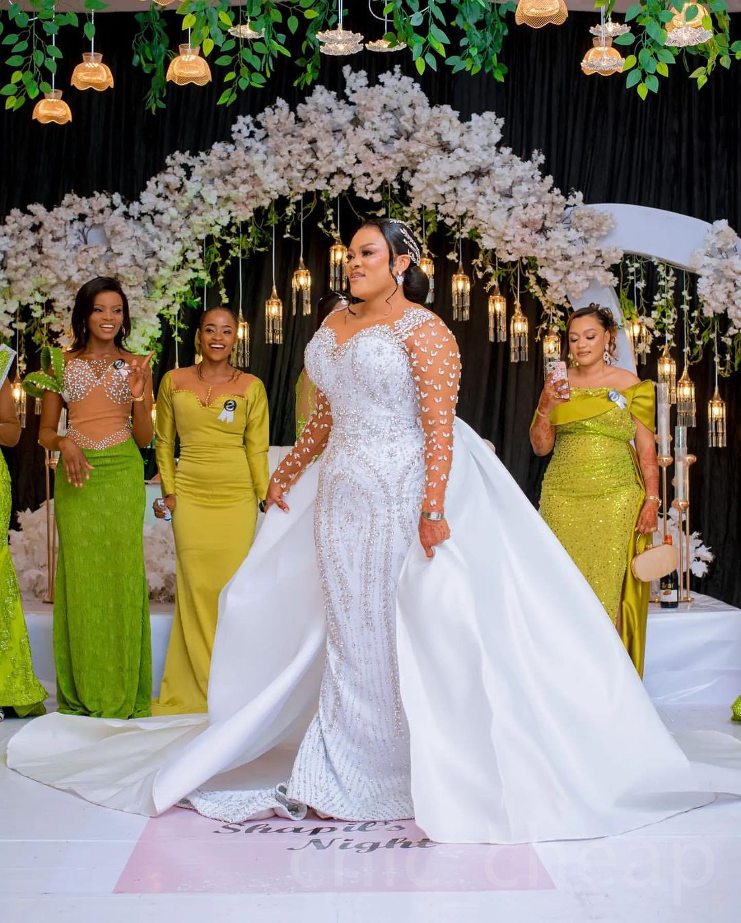 2024 Arabic Aso Ebi Plus Size White Mermaid Wedding Dresses Rhinestones Full Sleeves Sequined Lace Detachable Train Bridal Gowns Dress ZJ045