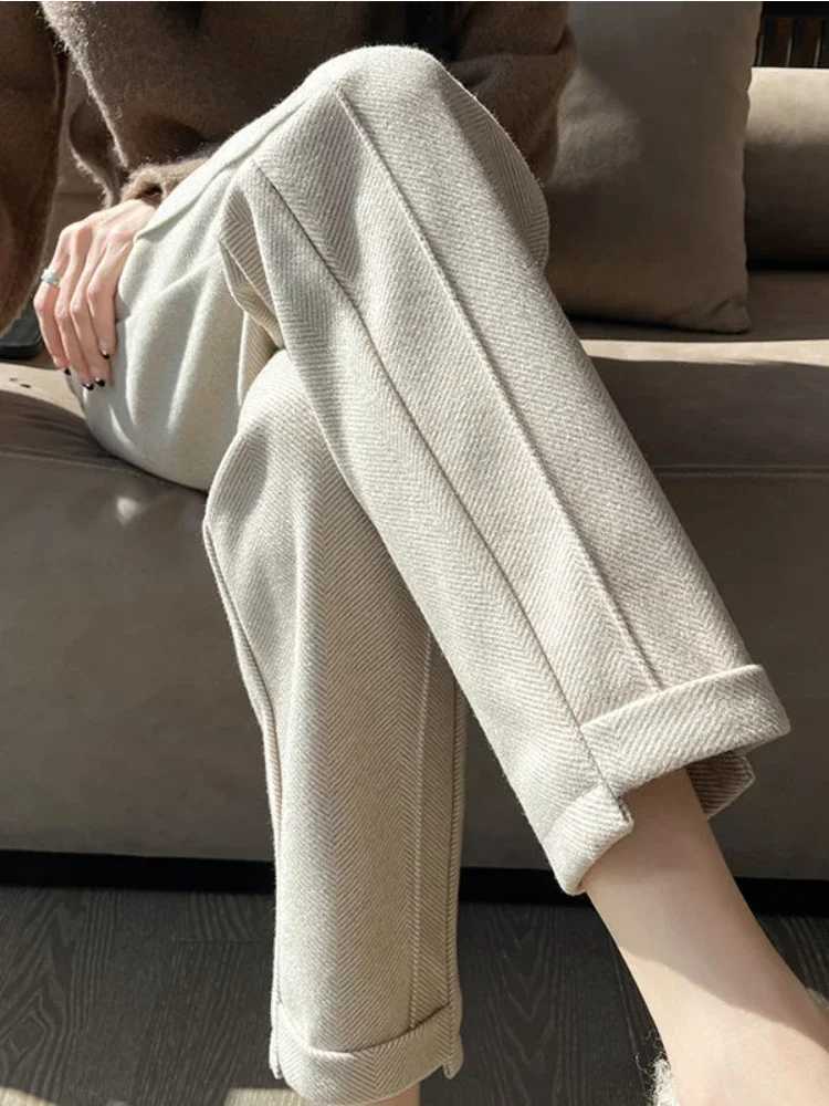 High waisted thick tweed straight pants for autumn and winter new loose casual herringbone warm thick cut pants M241111