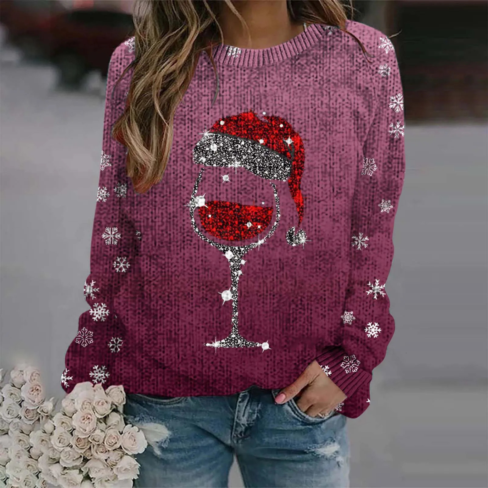 Autumn Christmas wine glass pattern womens sweater thick snowflake print sweater Christmas gradient color latte knit sweater 241025