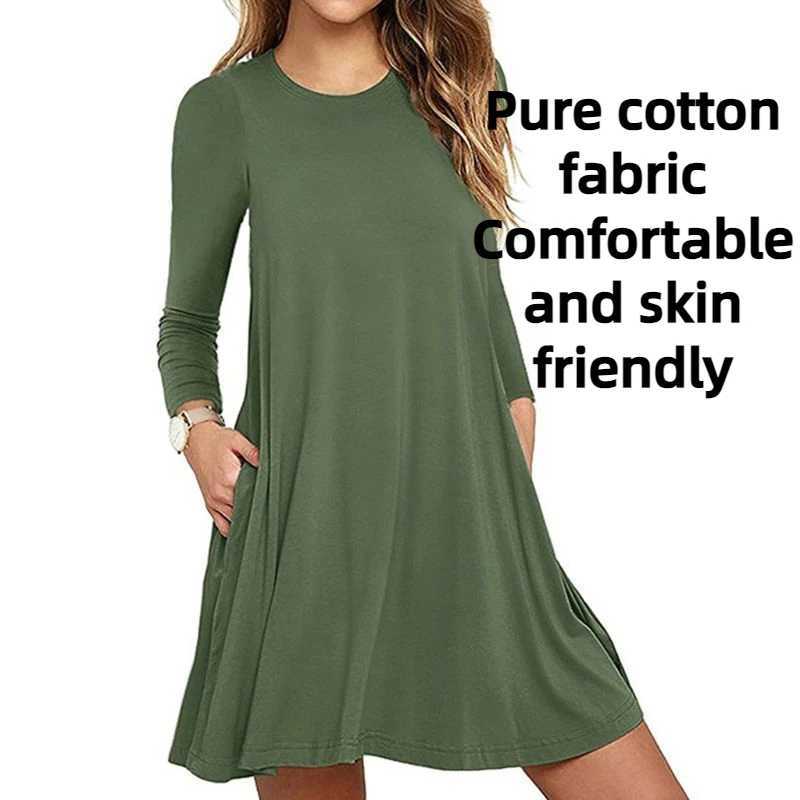 Womens autumn long sleeved round neck flat neck T-shirt dress solid color pleated swing casual loose zipper streetwear with pocket W241026