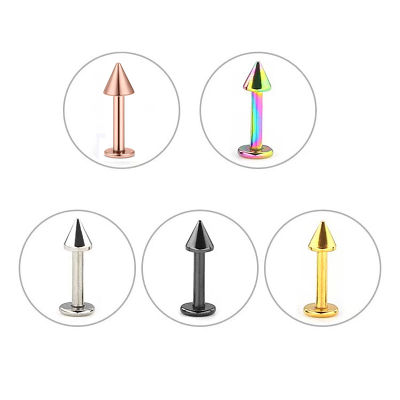2Pcs 16G Labret Women Men Round Ball Spike Cone Tip Titanium Steel Screw Back (Pierced) Stud Earrings Punk Gothic Jewelry Gifts