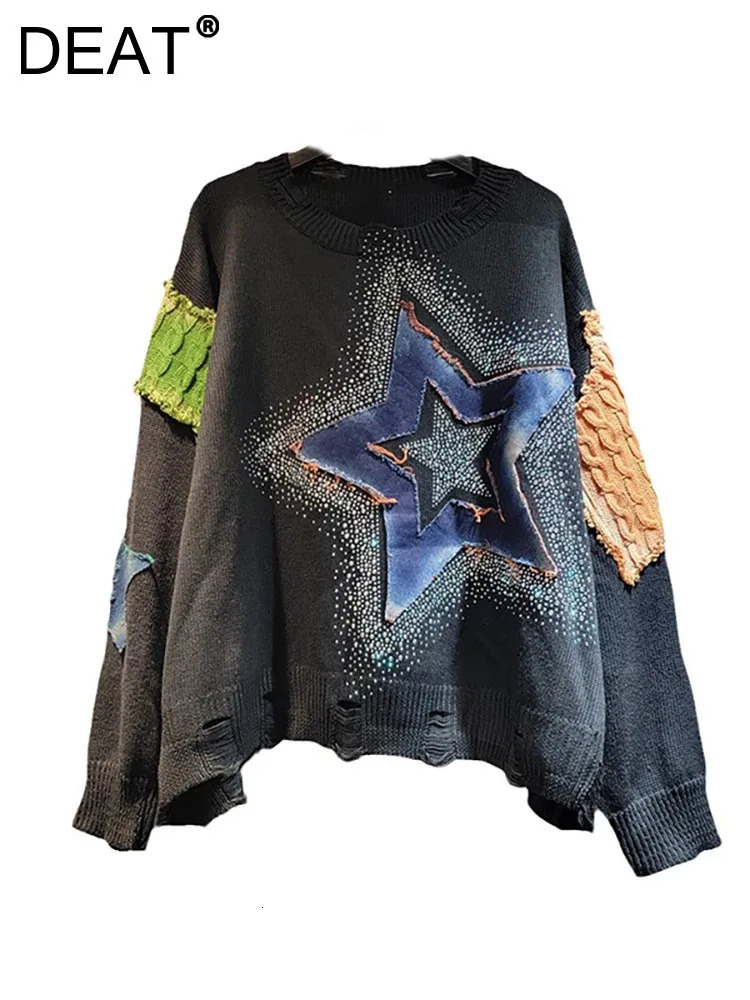 DEAT Womens Pullover Patch Work Denim Star Rhinestone Piercing O-Neck Loose Long Sleeve Sweater Autumn Fashion 241024
