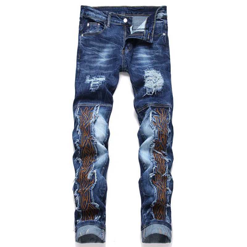 New punk style blue ripped applique embroidered jeans straight leg mid waist stretch mens jeans hip-hop T-shirt X241026