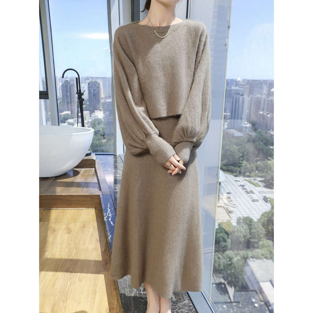Women One Collar Dresses 100% Mink Cashme Knit High Quality Sweater Top And Skirt Two-Piece Female Clothing Soft Suit