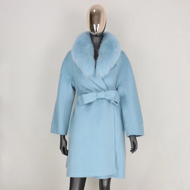 CXFS Real Fur Coat Winter Jacket Women Loose Natural Collar Cashmere Wool Blends Long Outerwear Belt Streetwear 241025