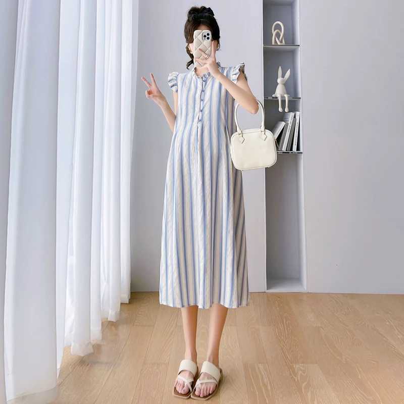 2024 Summer Pregnant Womens Striped Long Dress Petal Sleeve Cotton Linen Dress Sweet Sleeveless Pregnant Women A-line Dress W241026