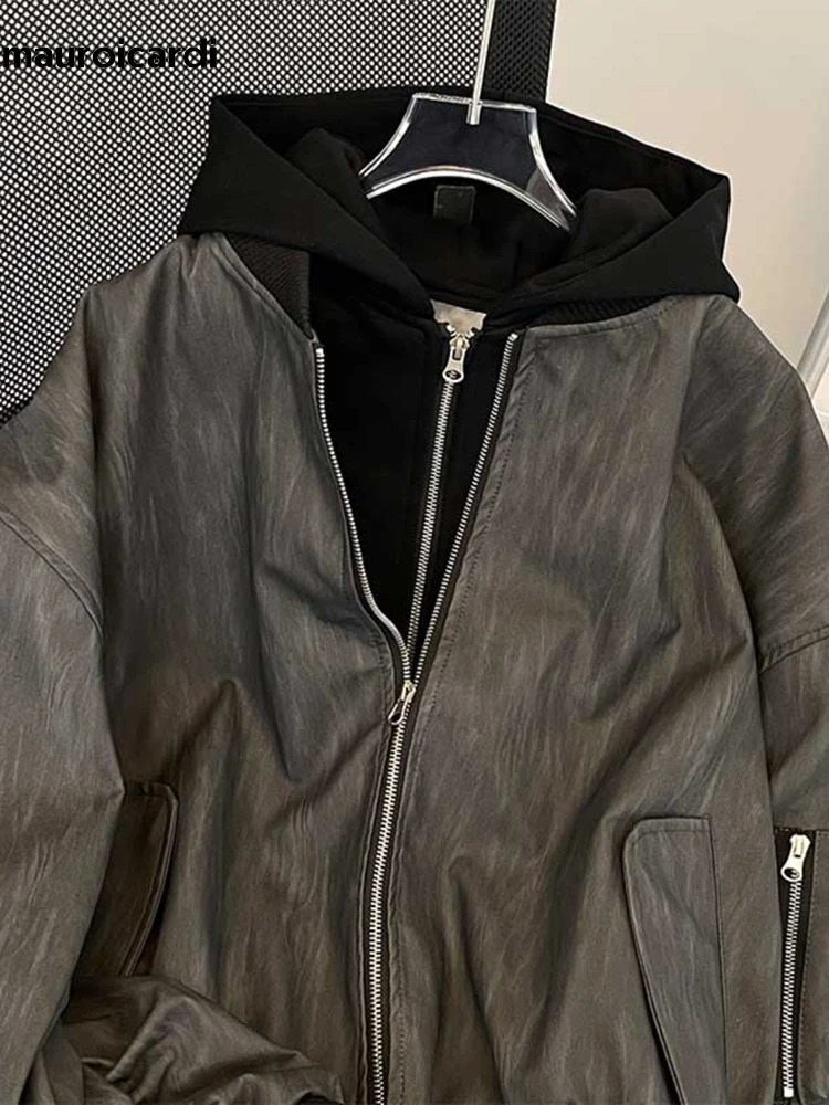 Mauroicardi Spring Autumn Cool Vintage Distressed Pu Leather jacket Men Zipper 2 Piece y ner Clothes Hoodie 241025