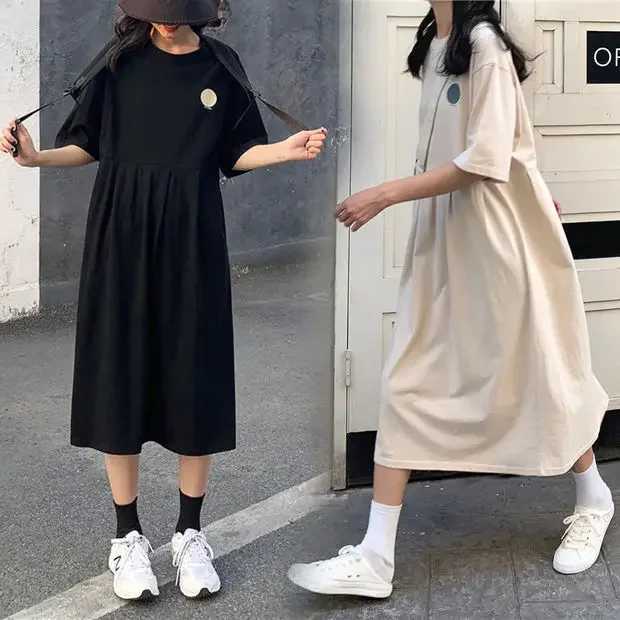 Pregnant womens dress short sleeved summer 2024 mid length knee T-shirt loose fit suitable for pregnant womens dress summer dress W241026