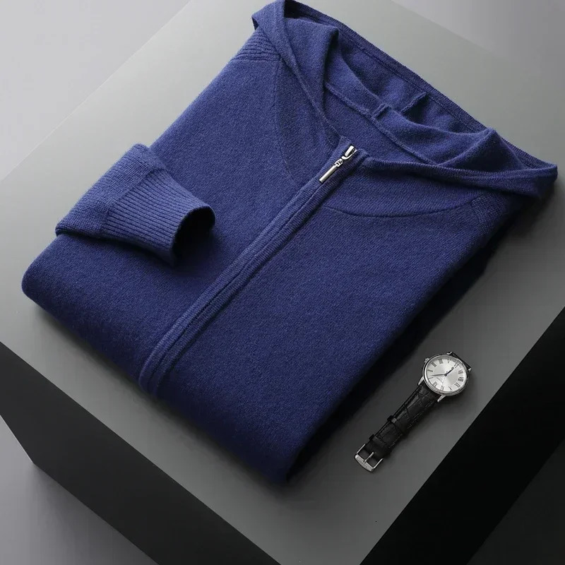 100% Cashmere Suit Men Hooded Zipper Cardigan Autumn Winter Knitted High Waist Trousers Fashion Solid Color Sweater 241025
