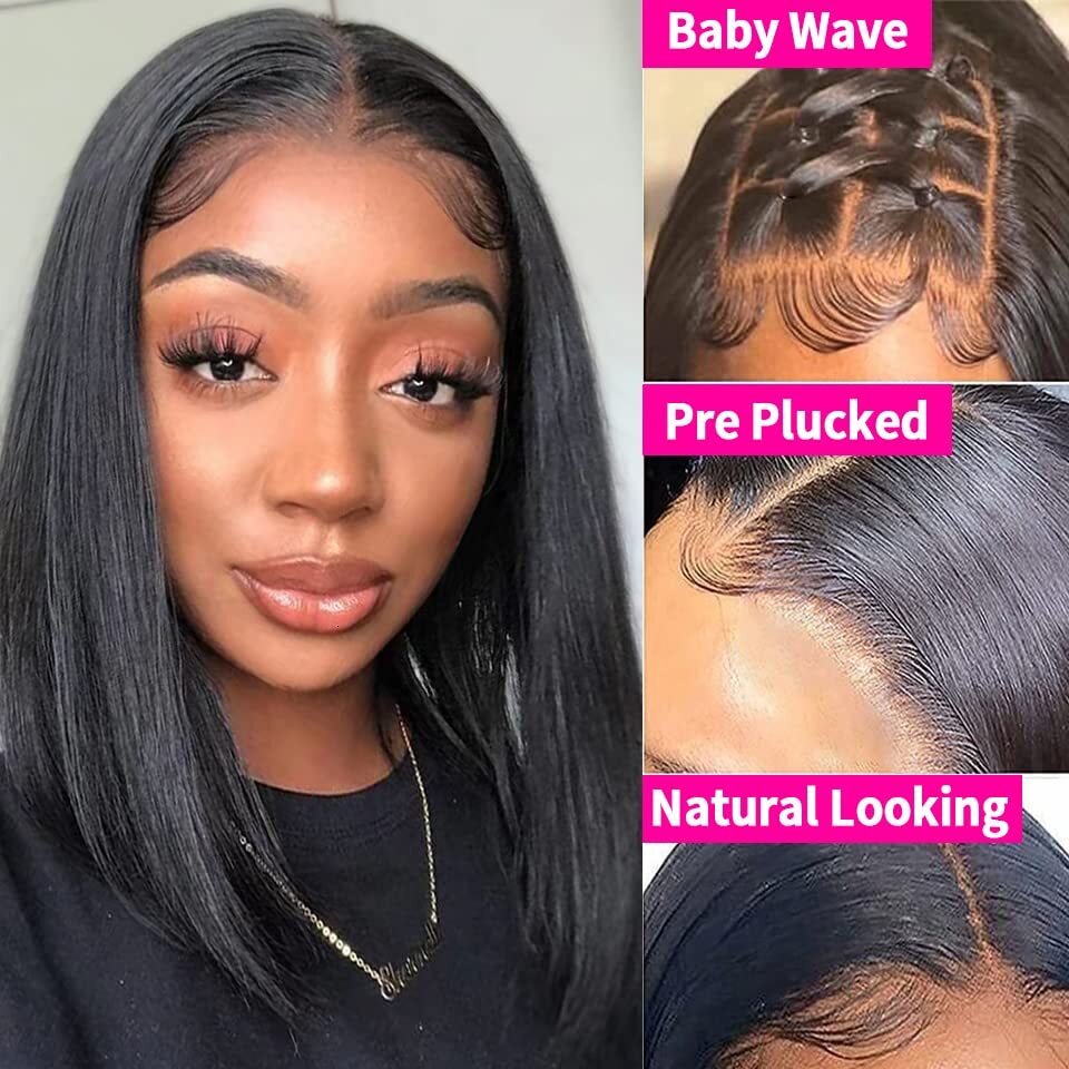 200% Density 13X4 Front Human Pre Plucked With Baby Hair Straight 4x4 Lace Closure Short Bob Wigs
