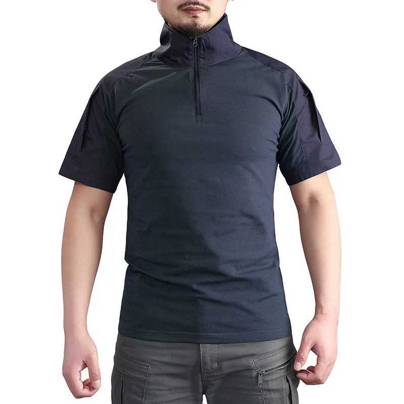Summer Short Sleeve Battle Shirt Mens 1/4 Zipper Cotton Tactical Shirt Navy Blue Outdoor Shirt with Zipper Pocket W241026