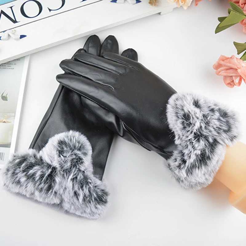 Womens large V-shell touch screen warm plush leather Gs winter bicycle fashion black PU leather Gs W241026