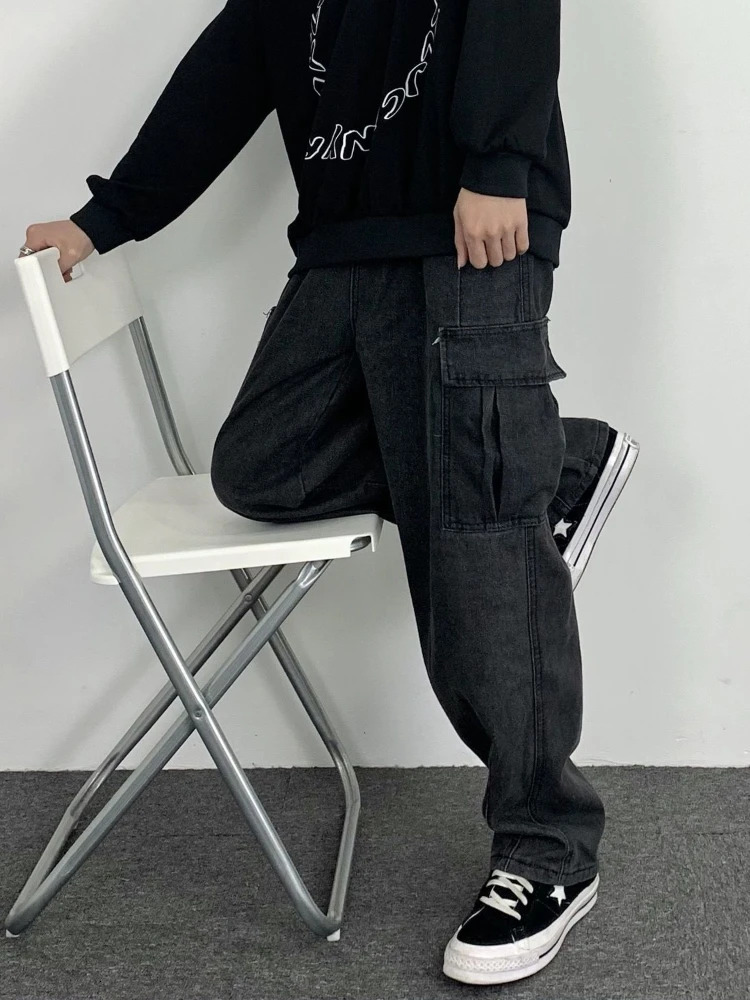 Gmiixder Dark Straight Jeans Mens Korean Autumn Winter Kpop Vintage Black Denim Pants Women Washed Loose Cargo Trousers 241021