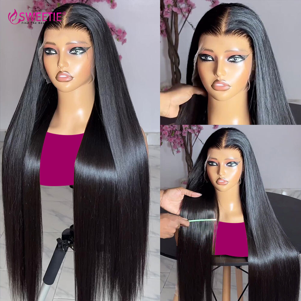 Peruvian 13x6 HD Lace Frontal Wig PrePlucked With Baby 180%Density Natural Black 34inch Straight Human Hair Wigs