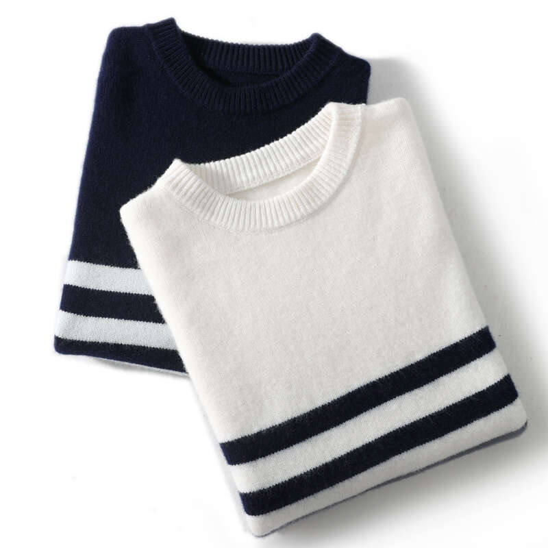 Men's 100% Merino Wool Sweater Autumn Winter Thickened Long Sleeve O-Neck Pullovers Loose Striped Knit Shirt Casual Warm Tops