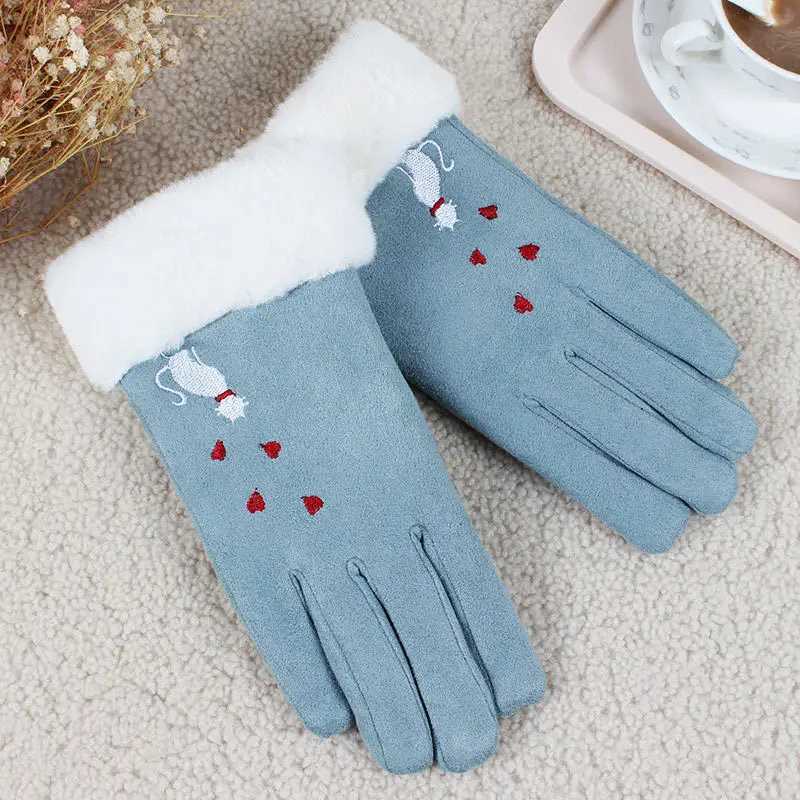 New winter women keep warm touch screen Gs driven bicycle fashionable and elegant cat embroidery cute thick suede leather W241026