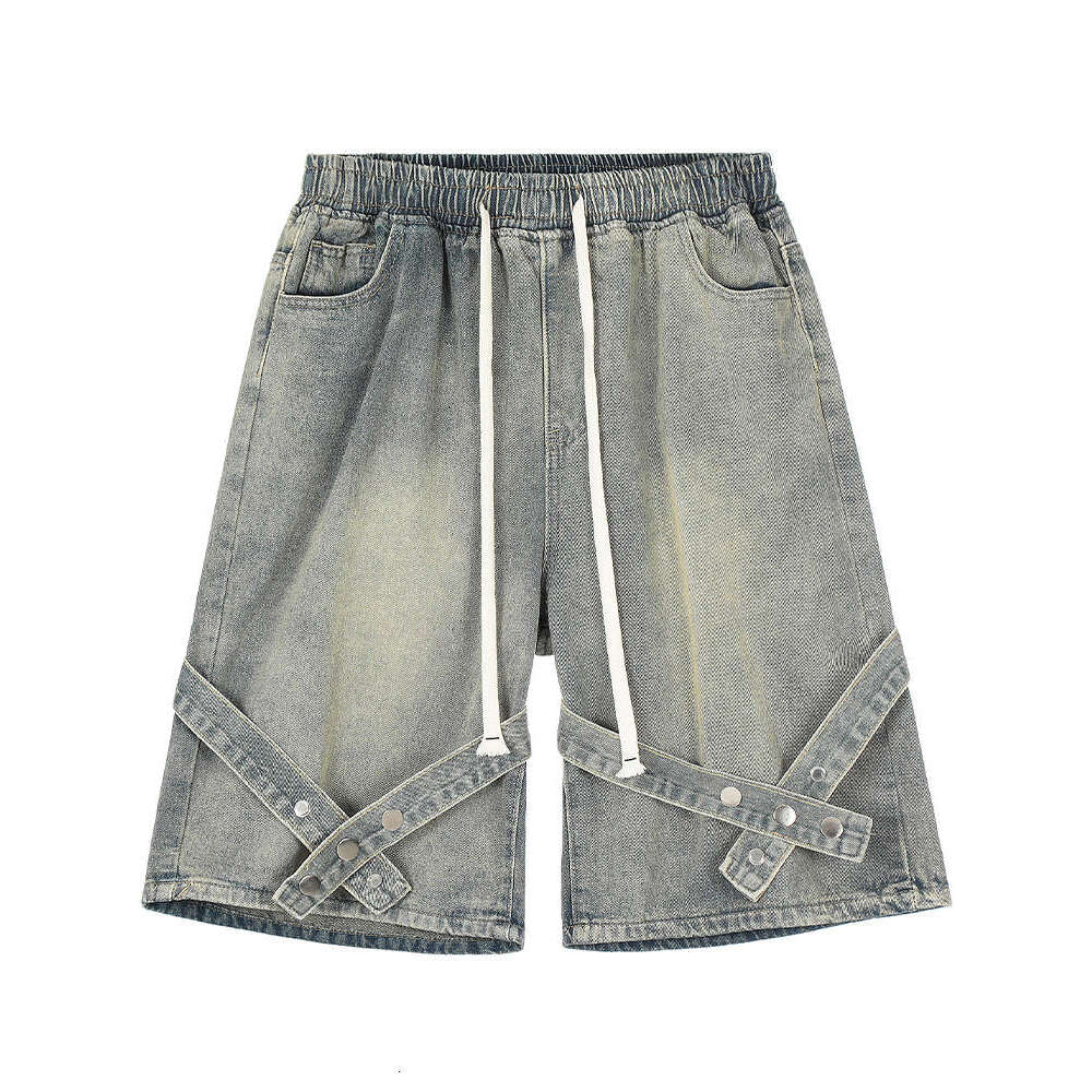 shanshi men shorts American washed distressed patchwork denim shorts for men and women loose straight leg five quarter pants