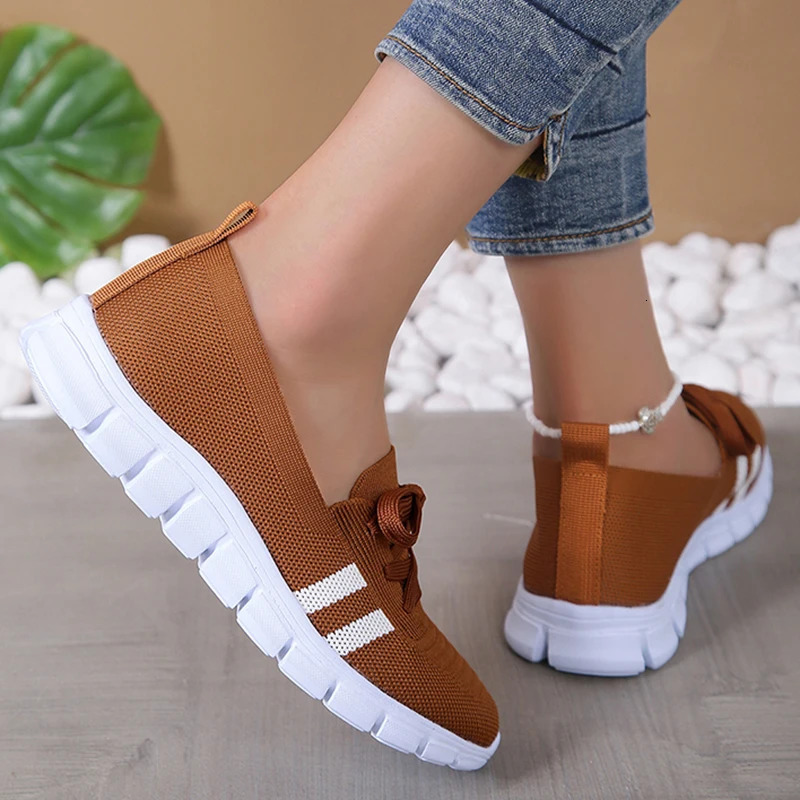 Breathable Knitted Striped Flat Shoes for Womens Casual Lace Soft Sole Sneakers for Womens Super Size 43 Lightweight Anti Slip Shoes 241024