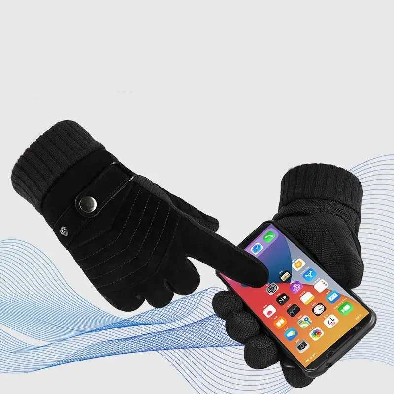 Mens winter bicycle windproof cold insulation warm leather touch screen anti slip thick pile W241026