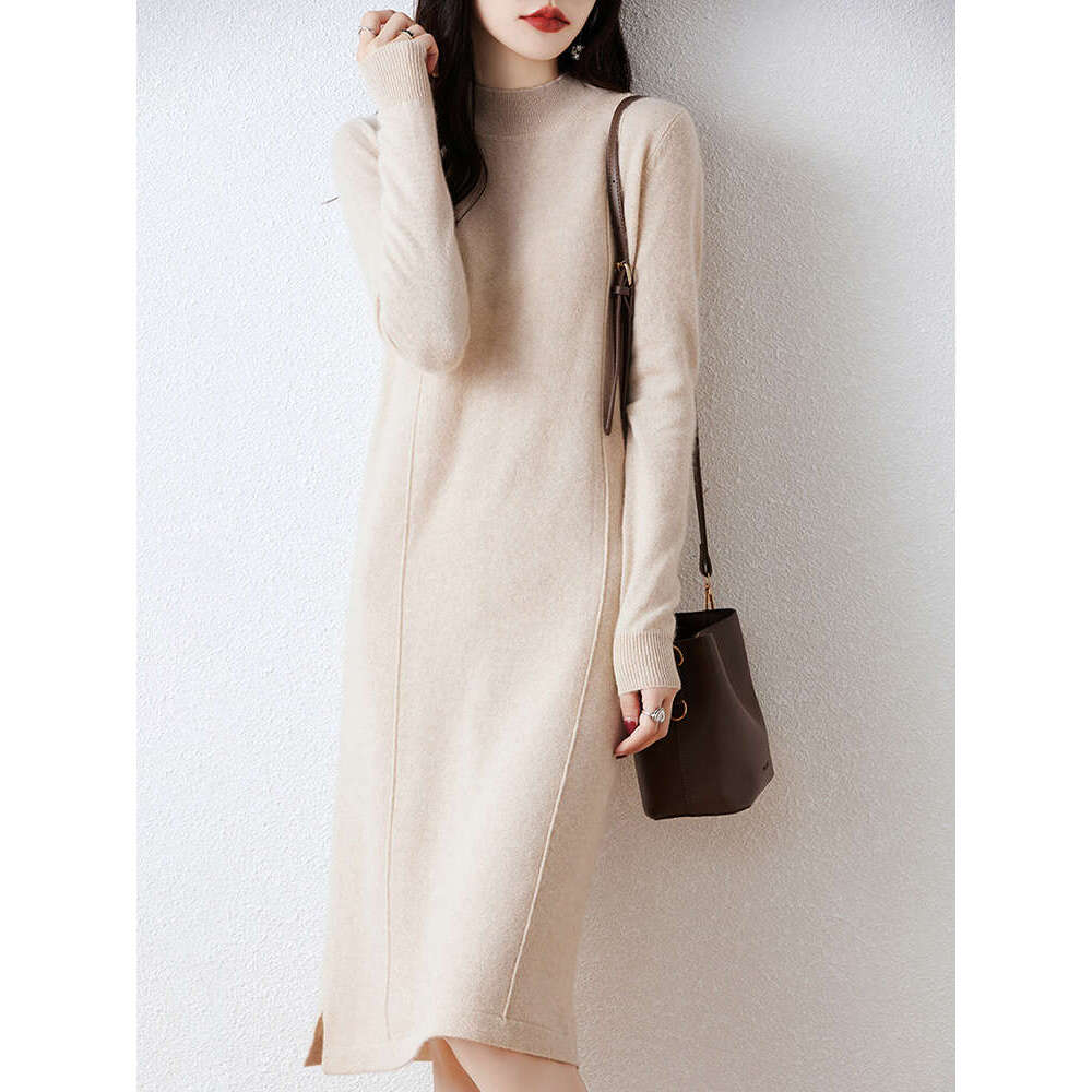 2024 New Women's Long Dresses 100% Merino Wool Autumn Winter Half High Collar Pullover Sweater Skirt Cashmere Knitwear Dress