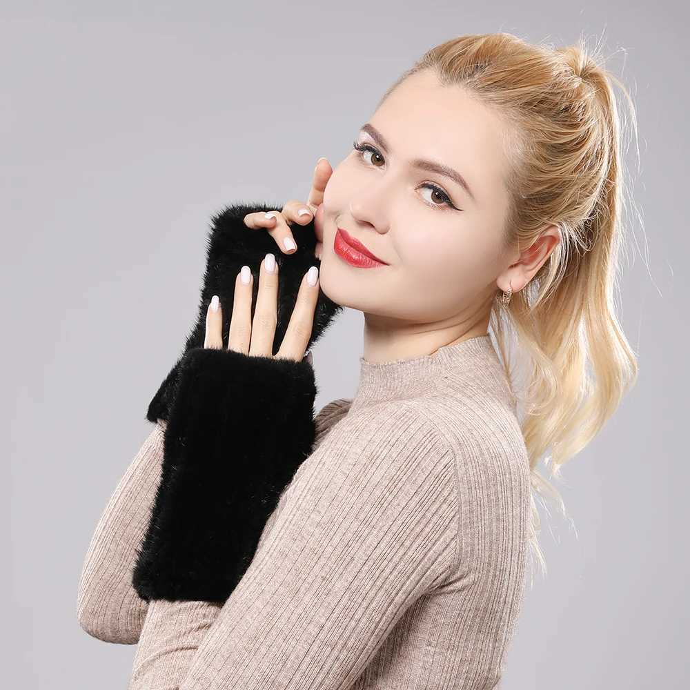 New Womens% Genuine Knitted Mink Gloves for Winter Warmth La Genuine Fur Fingers Gs Handmade Knitted Mink Gloves W241026