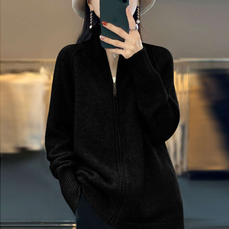 2024 New Chic Zipper Cardigan Spring Autumn Warm Long Sleeve 100% Merino Wool Fashion Knit Sweater Women Coat