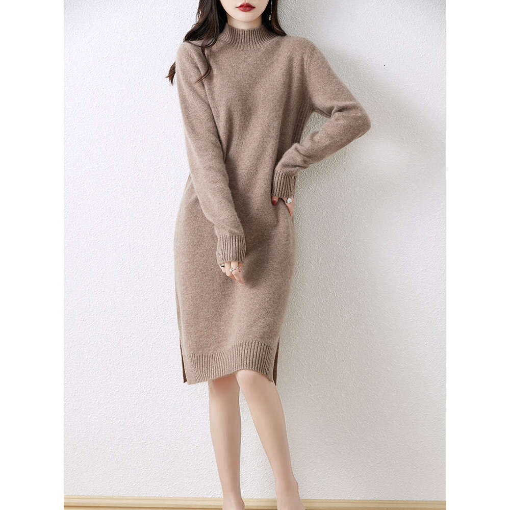 Hot Selg New 100% Merino Wool Knitted Autumn Winter Thick Mock-Neck Pullover Long Sweater Casual Women's Dress