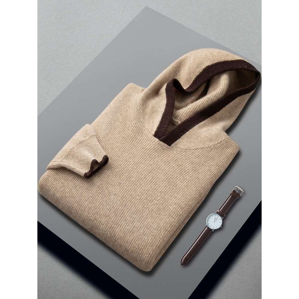 High-End Men's Hooded Sweater Autumn Winter Loose Long Sleeve Casual Pullover 100% Cashmere Knitwear Korean Hoodie Tops