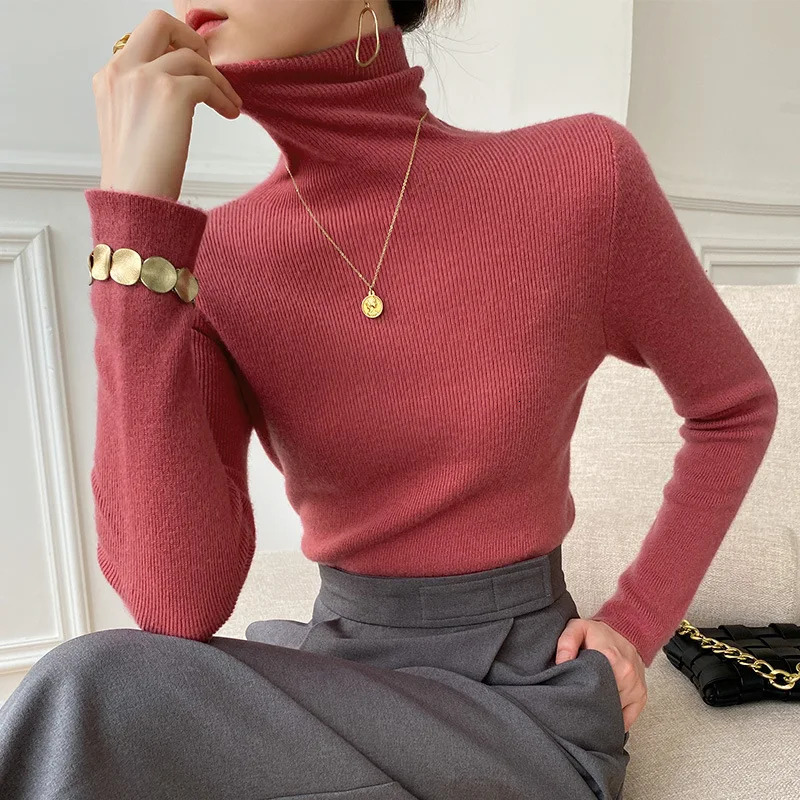 Women Sweater Winter Cashmere Turtleneck Warm Knitwear Korean Casual Solid Bottoming Shirt Fashion Knit Pullovers Brown 241025