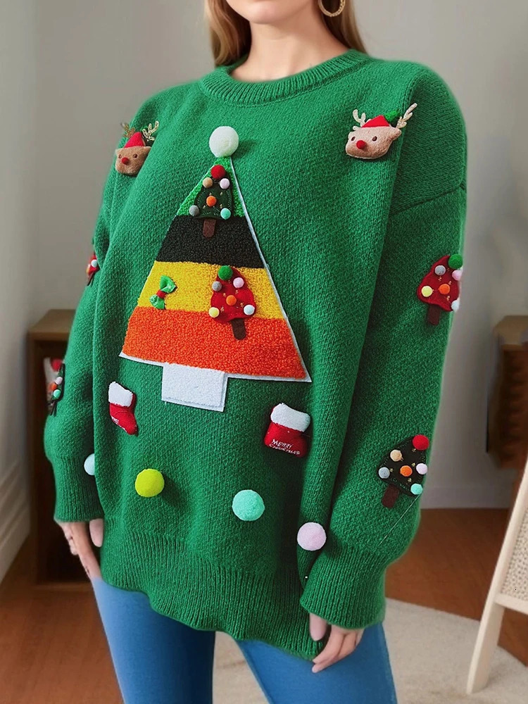 OIINAA Christmas Knitted Sweater Women Oneck Pullover Loose Fashion Autumn Winter Female Long Sleeve Casual Knitwear 241025
