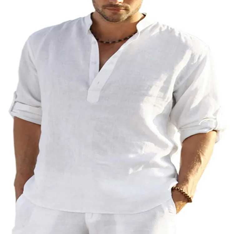2024 new mens casual shirt cotton linen shirt loose top long slip T-shirt spring and autumn casual handsome mens shirt W241026
