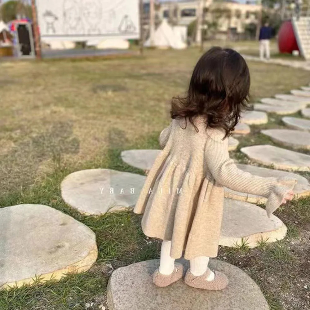 Girls Casual Dresses Children Clothing Woolen Yarn Skirt Winter Knitting Long Sleeved Korean Baby Underlay 241025