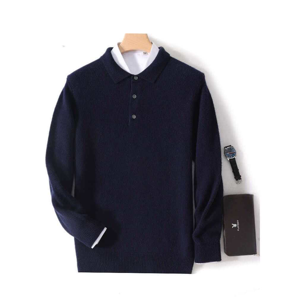 100% Merino Wool Hot Cardigans Men Lapel Pullover Long Sleeve Polo Neck Sweaters Loose Tops Knitwear Clothing Large Size Shirt