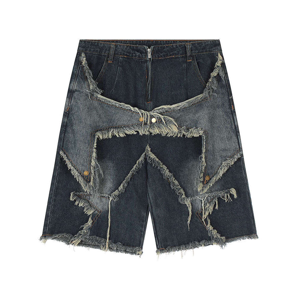shanshi men shorts Trendy American High Street Haired Water Washed Cowboy Shorts for Men and Women Loose Pentagram Pants