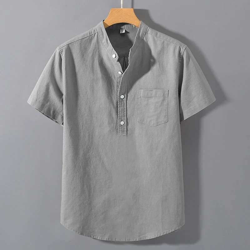 Summer stand up collar solid color short sleeved Slve cotton shirt fashionable breathable loose youth basic pocket top W241026