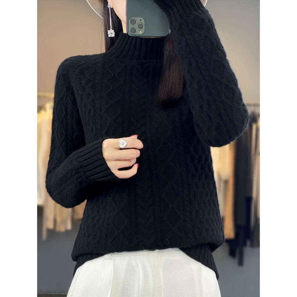 Women Sweater Twist Wer Mock Neck Pullover Autumn Winter 100% Merino Wool Basic Long Sleeve Cashmere Knitwear Fashion