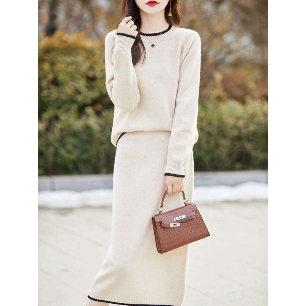 Fashion Suit Spring Autumn Winter 100% Merino Wool Knit High Quality Sweater Women Top And Harem Skirt Two-Piece Female Clothing