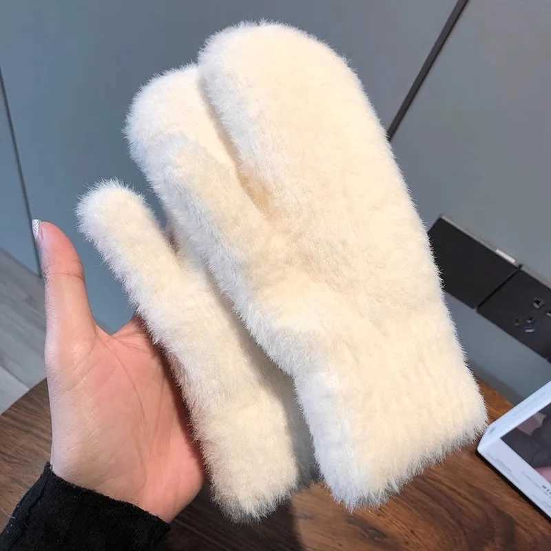 New Womens Winter Warmth Gs Plus Cashmere Solid Elastic Soft All Finger Gloves Gs Imitation Rabbit Fur Knitted W241026