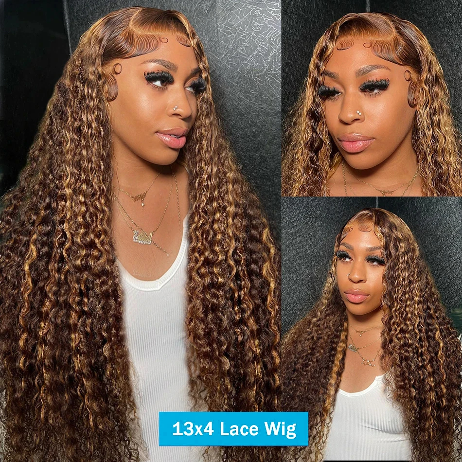 30 Inch Highlight Honey Brown Remy Curly Lace Front Human Hair 13x4 Ombre Colored Deep Water Wave Frontal Wigs For W Women