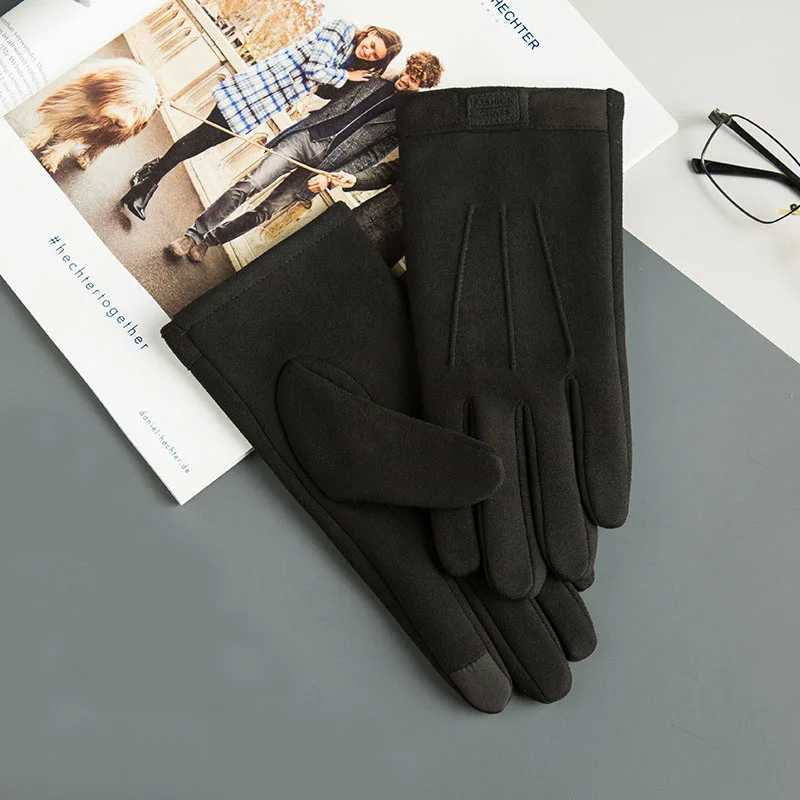 Winter mens plush warm cashmere outdoor sports bicycle gloves womens three ribbed suede leather touch screen driving G J98 W241026