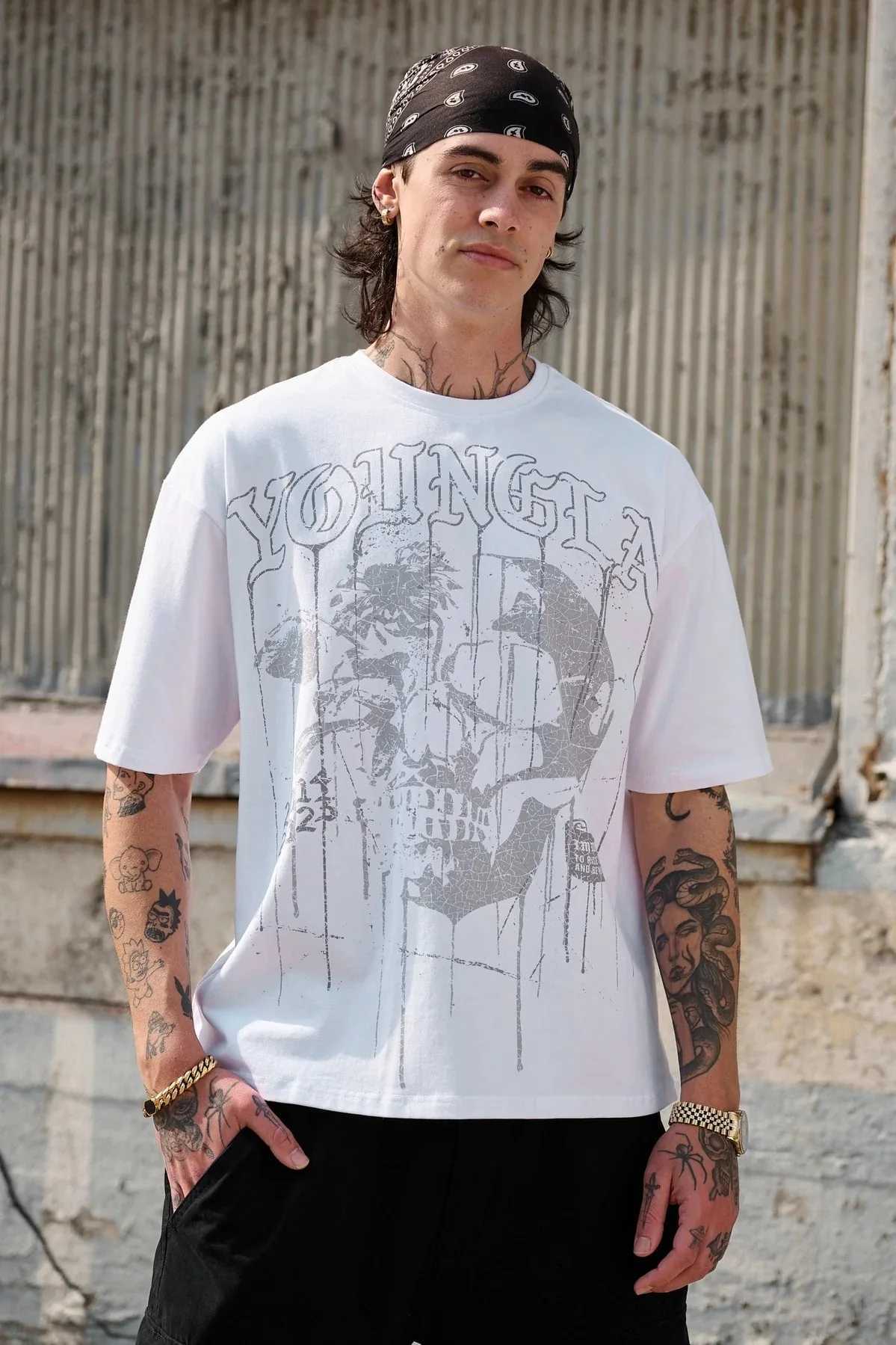 Summer Cold Wave Cool Skull Pattern T-shirt Mens Loose 240g Short Slip Mens Cotton Work Neck Running Sports Leisure Strt Top W241026