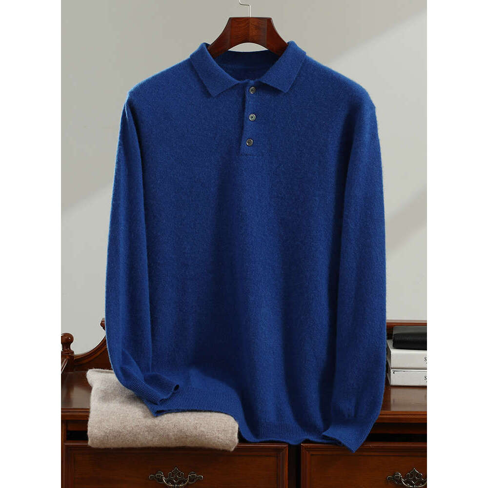 High-End Spring Autumn New Men's Sweater 100% Goat Cashmere POLO Neck Pullovers Youth Pure Color Jumper Men Large Size Knitwea