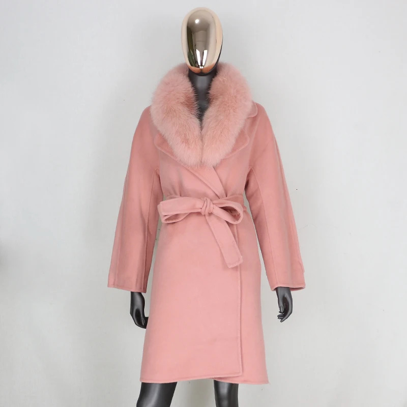 CXFS Real Fur Coat Winter Jacket Women Loose Natural Collar Cashmere Wool Blends Long Outerwear Belt Streetwear 241025