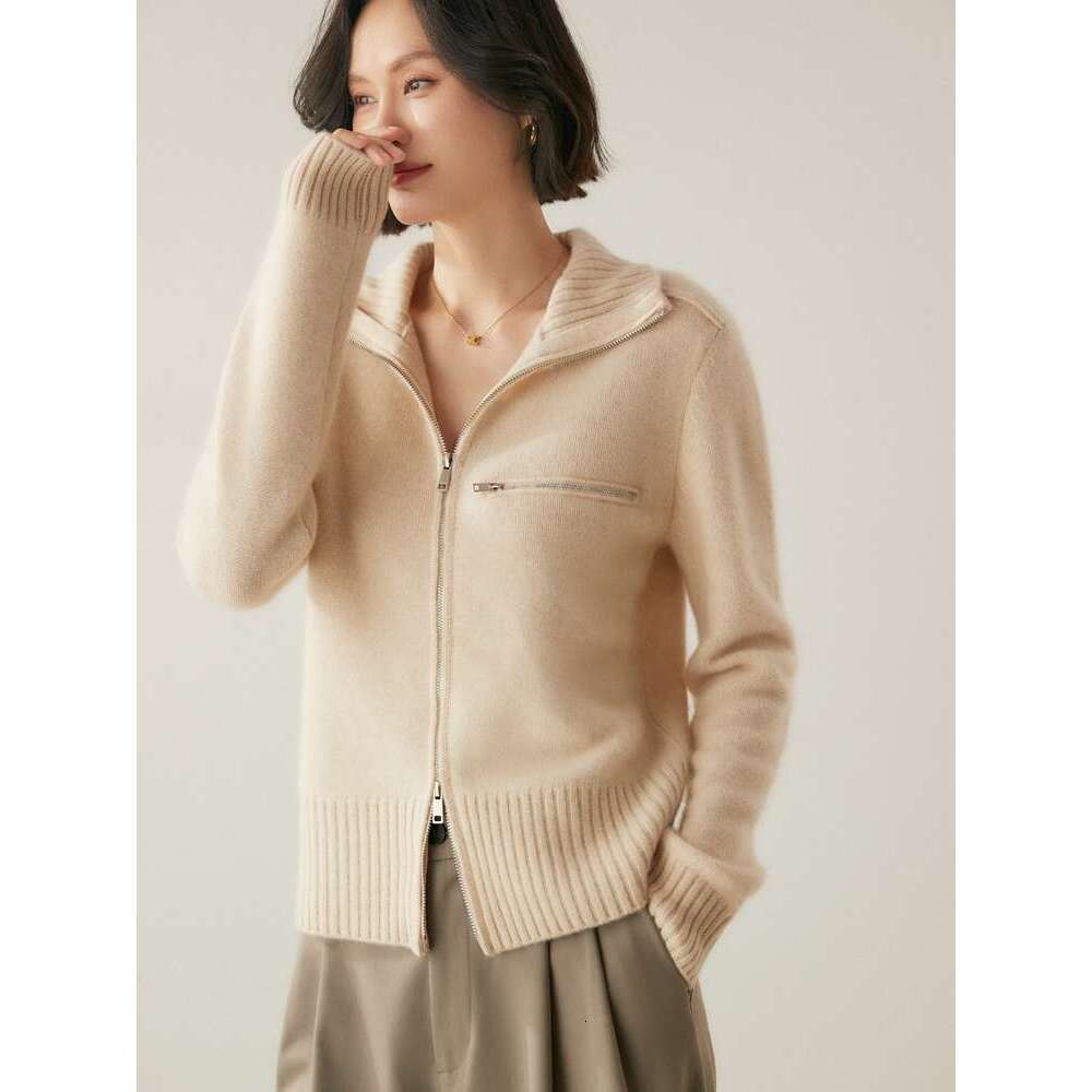 New Chic Women 100% Zipper Cardigan Turtleneck Long Sleeve Sweater Coat Autumn Winter Thick Cashmere Knitwear