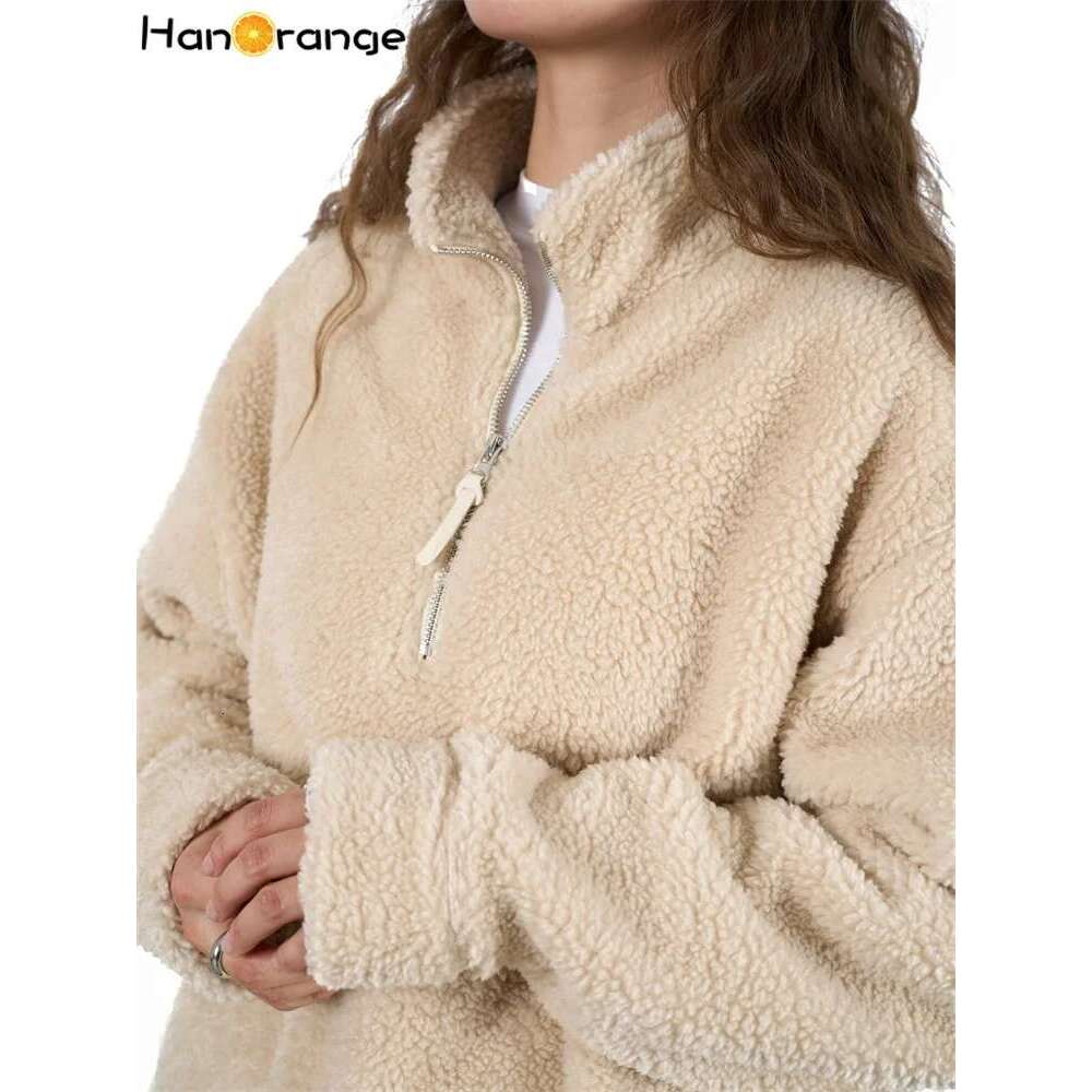 Hanorange 2024 Autumn Winter Lazy Fake Lambswool Turtleneck Hoodie Women Loose Soft Sticky Skin Friendly Warm Top Beige/Brown