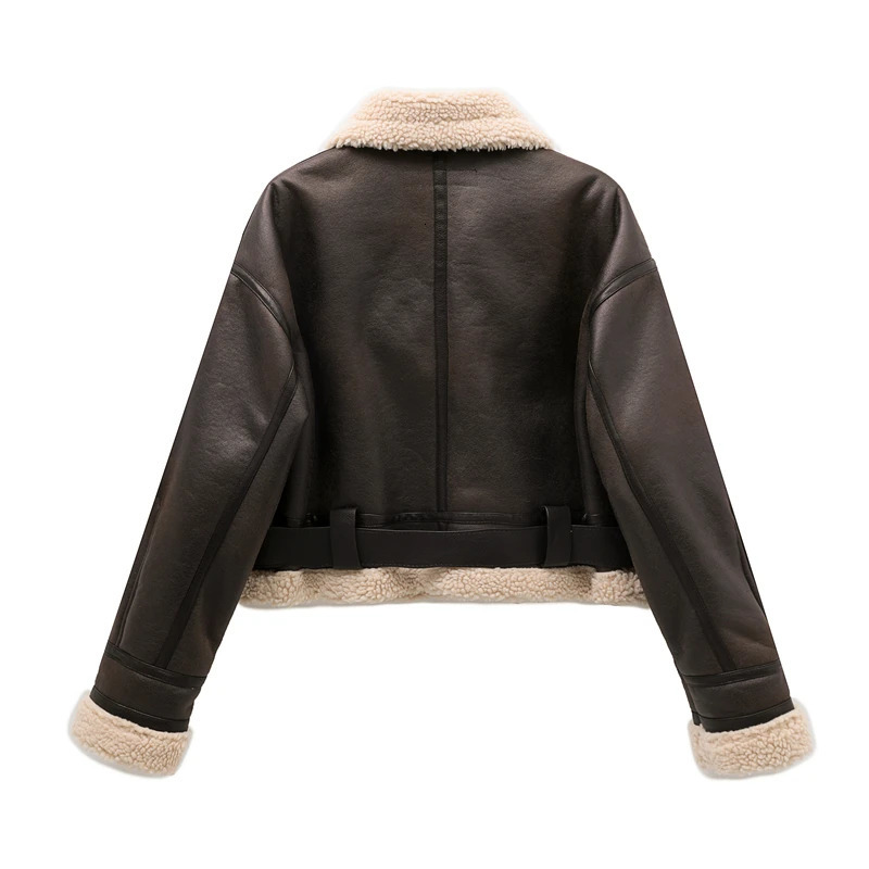 ZVRI 2023 Womans Fashion Thick Warm Faux Shearling Jacket Coat Vintage Long Sleeve Belt Hem Female Outerw 241018